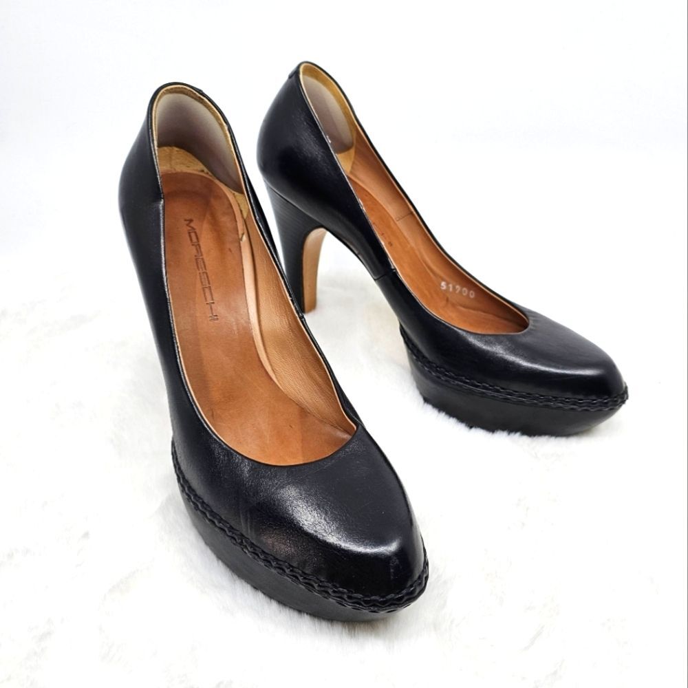 Moreschi braided black leather with wooden heels